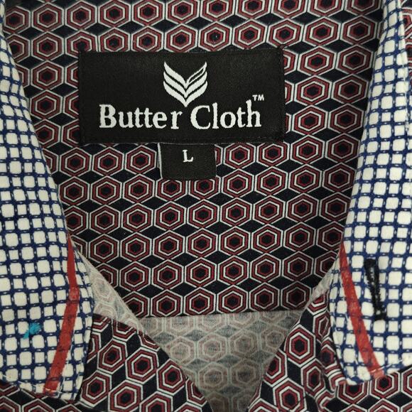 Butter Cloth Button Front Shirt Mens Large Geo Commuter Office Career Flip Cuff - Picture 3 of 7